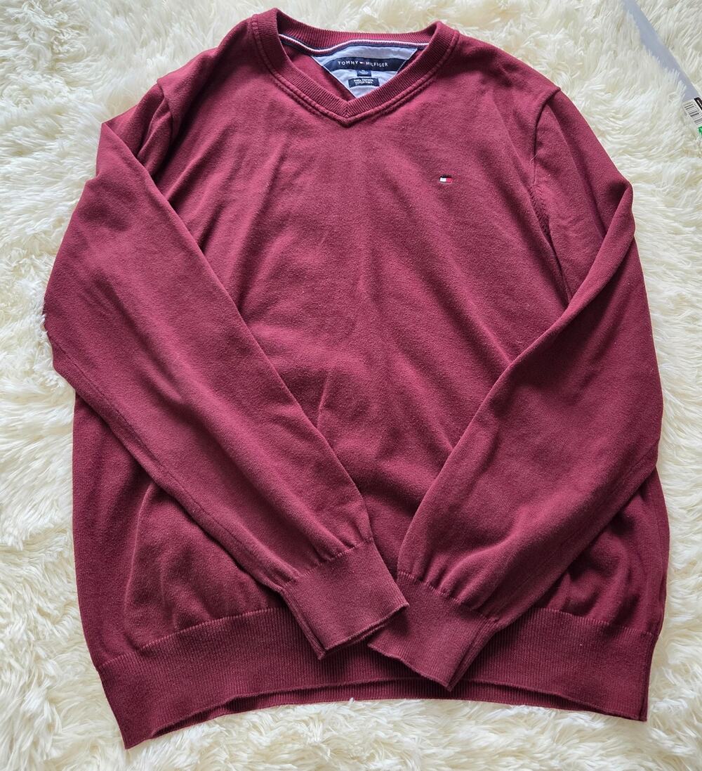 TOMMY HILFIGER Men's Maroon V-neck Pullover Pima Cotton Sweater Size XL